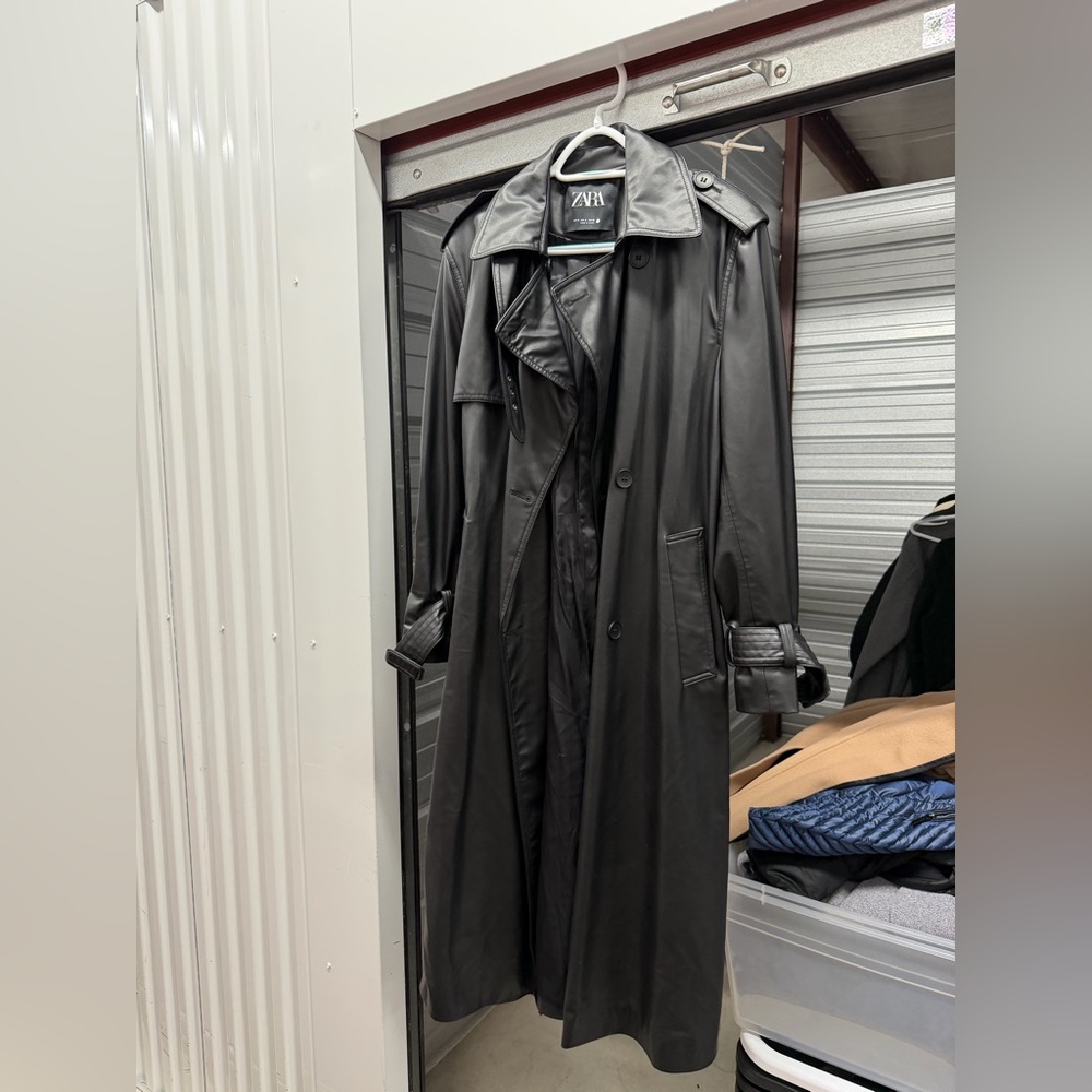 Zara Womens Classic Black Leather Trench Coat